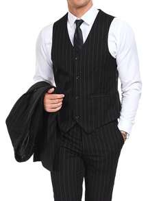 Furuyal Men's Suits Striped 3 Pieces Suit Set For Men Elegant Solid Casual Fashion Double Breasted Slim Fit Prom Blazer Vest Pants Set Business Party Wedding Holiday Black Size XS-3XL