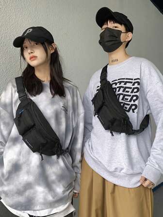 Black Japanese Harajuku Style Waist Bag, Versatile Large Capacity Simple Student Unisex Shoulder/Crossbody Bag, Waterproof Nylon Sports Bag, Collegiate Style