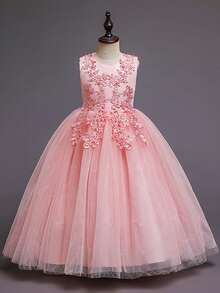 Flower Girls Tulle Lace Princess Pageant Festival Bridesmaid Carnival Floor Long Prom Dance Formal Evening Maxi Dresses - 珊瑚粉 - 查看 5