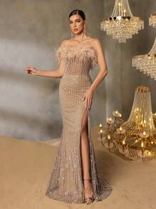 Faeriesty Faeriesty Strapless Beaded Mermaid Evening Gown With Feather-Accented Shoulders & Back Tie-Up Detail - High-Slit Sheer Tulle Dress For Grand Galas, Luxury Weddings, Red Carpet Events, Black-Tie Receptions