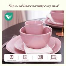 [Elegant Stoneware Dinnerware] 16pcs Elegant Square Matte Rose Stoneware Dinnerware Set For 4, Lead-Free & Scratch Resistant, Dishwasher & Microwave Safe, Includes Plates Bowls & Mug, Ideal For Holiday Entertaining, Daily Dining Use - Matt Rose - View 5