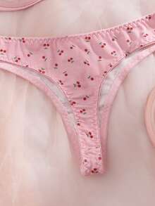 Women's Pink Fresh-Style Cherry Print Bow Lace Underwired Lingerie Set - Push-Up For Small Busts, INS-Friendly, Versatile For Daily Wear, Breathable, Comfortable & Soft Skin-Friendly Fabric - 粉色 - 查看 5