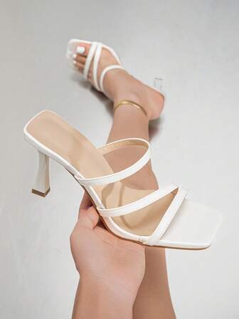 女士水钻装饰露趾一脚蹬粗高跟凉鞋，时尚舒适，适合日常穿着、户外、派对、夏季白色穆勒鞋