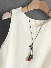 女士针织背心，休闲法式复古文艺风纯色吊带衫，百搭日常叠穿短款无袖针织上衣，春夏白色 - 白色 - 查看 4