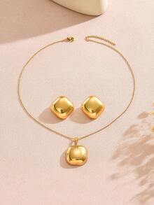 1 套女士时尚不锈钢闪亮几何设计首饰套装，适合女性通勤风格 - 金黃色 - 查看 8