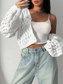 FOR BEAUTY Spring/Summer New Women's Knit Cover Up Jacket, Casual Street Style, Hollow Button Design, Solid Color Long Sleeve White Cover Up Outerwear, Stylish Design, Suitable For Beach Vacation - White - View 3