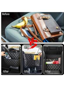 1pc Large Capacity PU Leather Car Seat Storage Bag, Expandable Hanging Organizer Bag With Multiple Pockets, Suitable For Vehicle Interior Accessories, Purse Holder, Wallet Clip, Pet Barrier - Black Quilted Design, Car Organizer