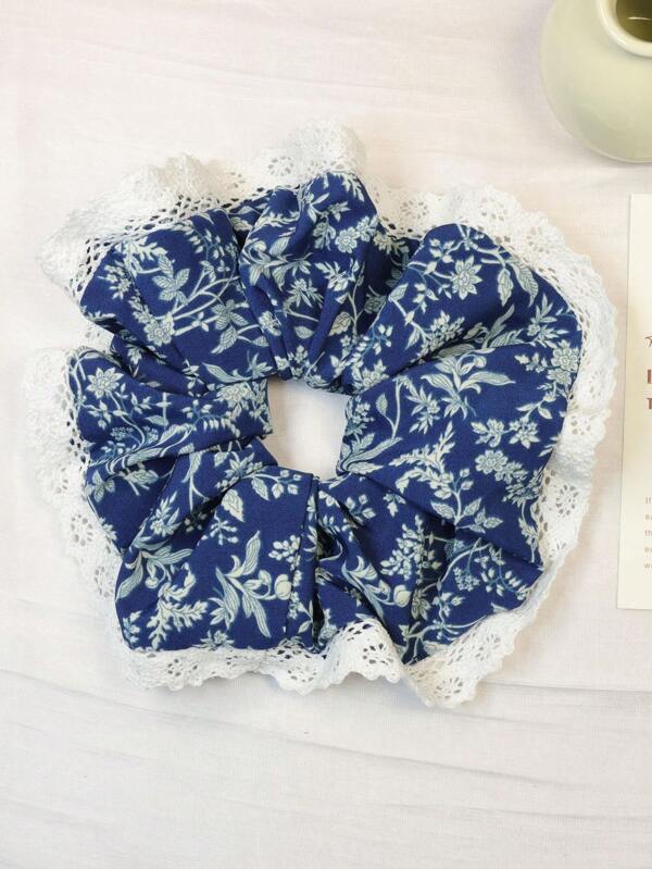 1pc Korean Style Lace Floral Hair Scrunchie, Floral Embroidery Hair Tie, Stylish Hair Accessory For Women, Ponytail Holders, Hair Elastics, Hair Rope, Scrunchies