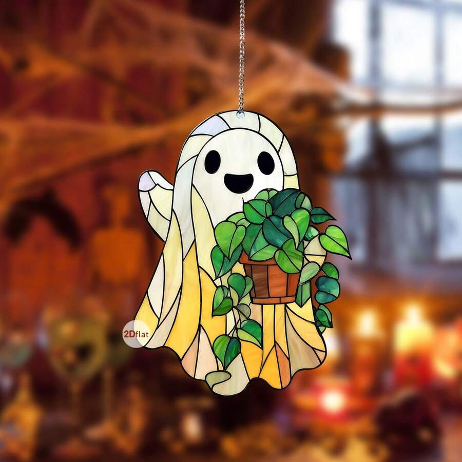 1 Cái Ghost Suncatcher - Đồ trang trí treo cửa sổ bằng Acrylic nhuộm màu, Đồ trang trí hình ma dễ thương với cây cối, Đồ trang trí mặt trời theo phong cách Gothic, Đồ trang trí nhà ma quái, Trang trí cửa sổ Halloween, Thẩm mỹ ngôi nhà ma ám, Thích hợp cho nhà ở, phòng ngủ, phòng khách, Trang trí tường (BỎ MÀNG MÀNG BẢO VỆ TRƯỚC KHI SỬ DỤNG, LÀM BẰNG ACRYLIC, KHÔNG PHẢI KÍNH) Đồ trang trí Halloween Trang trí mùa thu Trang trí phòng - Con ma nhỏ - Xem 1