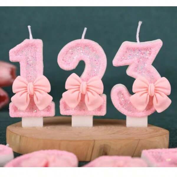 1pc Number 0-9 Digit Birthday Candles, Pink Bow With Glitter Sequins, Suitable For Birthday Party Cake Decoration, Suitable For Anniversary Parties,Suitable Wedding Anniversary , Suitable For Cute Pet Theme Cake Decoration Candles, Cake Decoration Pure Handmade DIY,Preferred Gift ﻿ ﻿