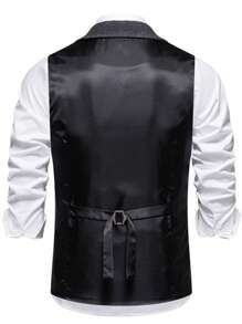 New Men's Herringbone Check Waistcoat, Vintage Turndown Collar Metal Chain Decor Gilet