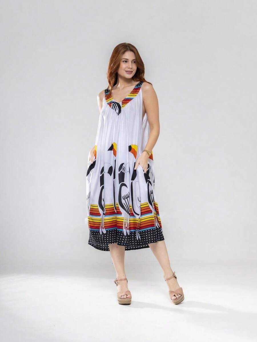 Viscose Mid-Length Trapeze Dress With Toucan Print, Perfect For Everyday Wear And The Beach, With Pockets PLK 1212 - 白色 - 查看 1