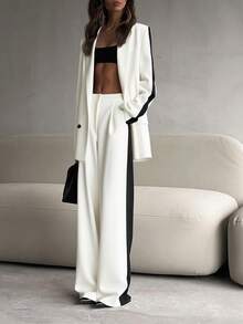 2 件套女士休闲商务宽松西装套装撞色西装外套和松紧腰直筒裤套装，夏季/春季，优雅风格，适合办公室女士，时尚非正式通勤 - 白色撞黑色 - 查看 2