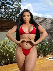 Sexy Tanning Bikini With Adjustable Thin Strap And Thong - Red - View 3