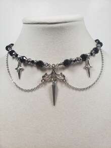 1pc Hollow Star Rivet Crystal Beaded Geometric Pendant Fringe Punk Necklace, Multi-Color Stainless Steel, Suitable For Lady's Dance, Music Festival, Party And Daily Wear Accessories - Nhiều màu - Xem 3