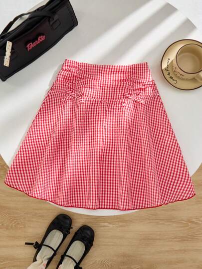 Saia xadrez com cintura alta para meninas adolescentes, verão