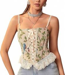 Womens Vintage 1920s Renaissance Lace Trim Corset Bustier, Retro Fashion - Beige - 查看 1