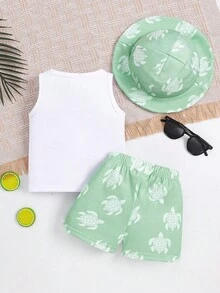 3 件套时尚男婴海龟印花上衣、印花短裤和帽子套装，夏季