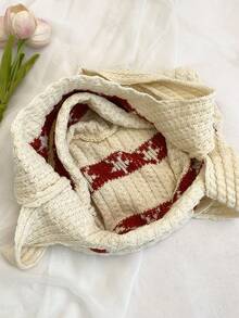 Túi Tote Dệt Kim Pentagram, Túi Dệt Kim Phong Cách Tối Giản Cross-Border, Túi Đeo Vai Dung Tích Lớn Cá Nhân Hóa Thời Trang - Màu be - Xem 8