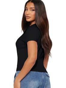 字母标语，罗纹棉质女式T恤，学院风春夏新款运动女装，垂坠时尚柔软透气女式短袖上衣 - 黑色 - 查看 3