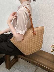 Yogodlns 女士编织篮手拿包顶部手柄包草编便携单肩包夏季沙滩派对钱包购物挎包女式大容量单肩包夏季编织篮手提包时尚沙滩包巴厘岛购物手提包腋下包