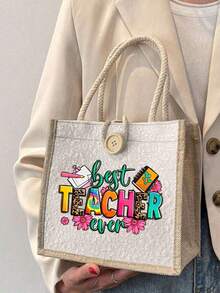 Túi vải lanh in chữ hoa "Best Teacher" (Người thầy tuyệt vời nhất), quà tặng Ngày Nhà giáo, túi tote in hình có thể tái sử dụng, túi tote đi làm hàng ngày. - Màu Khaki - Xem 10