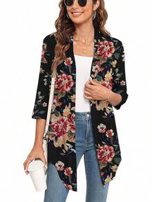 Lightweight Summer 3/4 Sleeve Cardigan Women Casual Draped Tie Front Cardigans Fall Shrugs High Low Hem - B03-棕花黑-3/4袖 - 查看 1