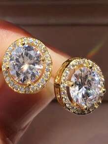 1 Pair Luxury Classic Round Micropave White Cubic Zirconia Stud Earrings, Women's Chic Jewelry