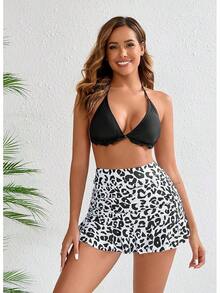 Halcurt Women's High Waisted Ruched Ruffle Swim Skirt With Shorts Tummy Control Tankini Swim Skort Bikini Swimsuit Bottoms - 黑色/豹紋 - 查看 5