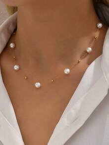 18k Gold Plated 1pc Stainless Steel Beaded Necklace, Suitable For Daily Wear And Holiday Gifts For Friends - 彩色 - 查看 2