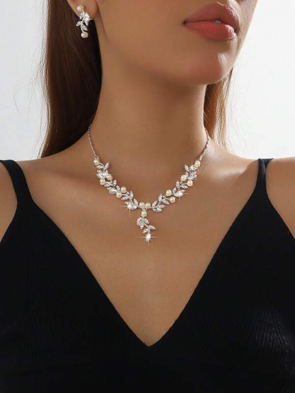 3pcs Women Pearl & Rhinestone Alloy Necklace And Earrings Set, Elegant Style Suitable For Wedding Party