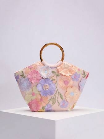1pc Floral Embroidery Pattern Mesh Tote Bag, Retro Bamboo Handle Beach Bag, Large Capacity Summer Vacation Beach Travel Casual Use (Floral Pattern Randomly Sent)