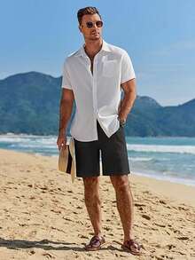 Men's Breathable Linen Beach Shorts, Summer Loose Men's Trousers - Hitam - View 6