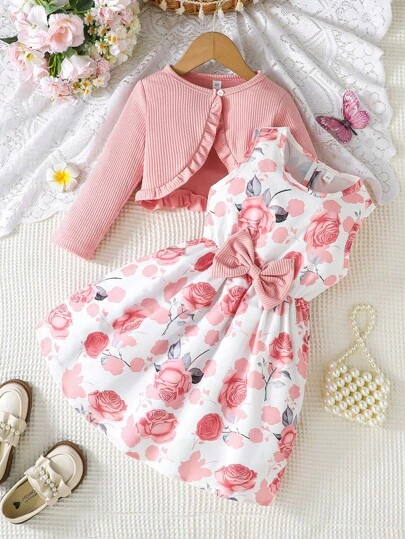 2 件套女童春秋时尚荷叶边下摆夹克搭配精致蝴蝶结花卉印花无袖连衣裙两件套服装，可爱又生动