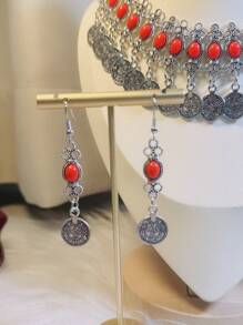 1 Set Vintage Turquoise Color Necklace & Earrings Set, Suitable For Women's Daily Wear