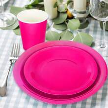 100Pcs Hot Pink Pa Rty Supplies Set Disposable Party Dinnerware Sets 50Pcs Paper Plates 25Pcs Napkin 25Pcs Cups For Wedding Birthday Party Supplies Table Decorations - 玫紅色 - 查看 8