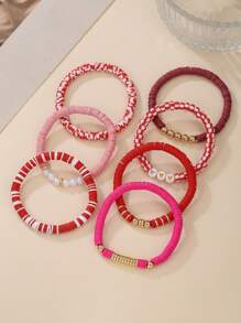 7pcs Stylish Soft Clay & Faux Pearl CCB Heart Design Layered Beaded Bracelet Set, Suitable For Women Daily Wear, Beach, Party, Gift
