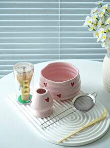 1pc/2pcs/4pcs/5pcs Pink Heart Ceramic Matcha Tea Set, Cute Matcha Utensils Combo Includes Matcha Bowl, Whisk And Stand, Bamboo Spoon, Sifter, Ideal For Matcha Lovers And Beginners, Great Gift For Mother's Day Back To School
