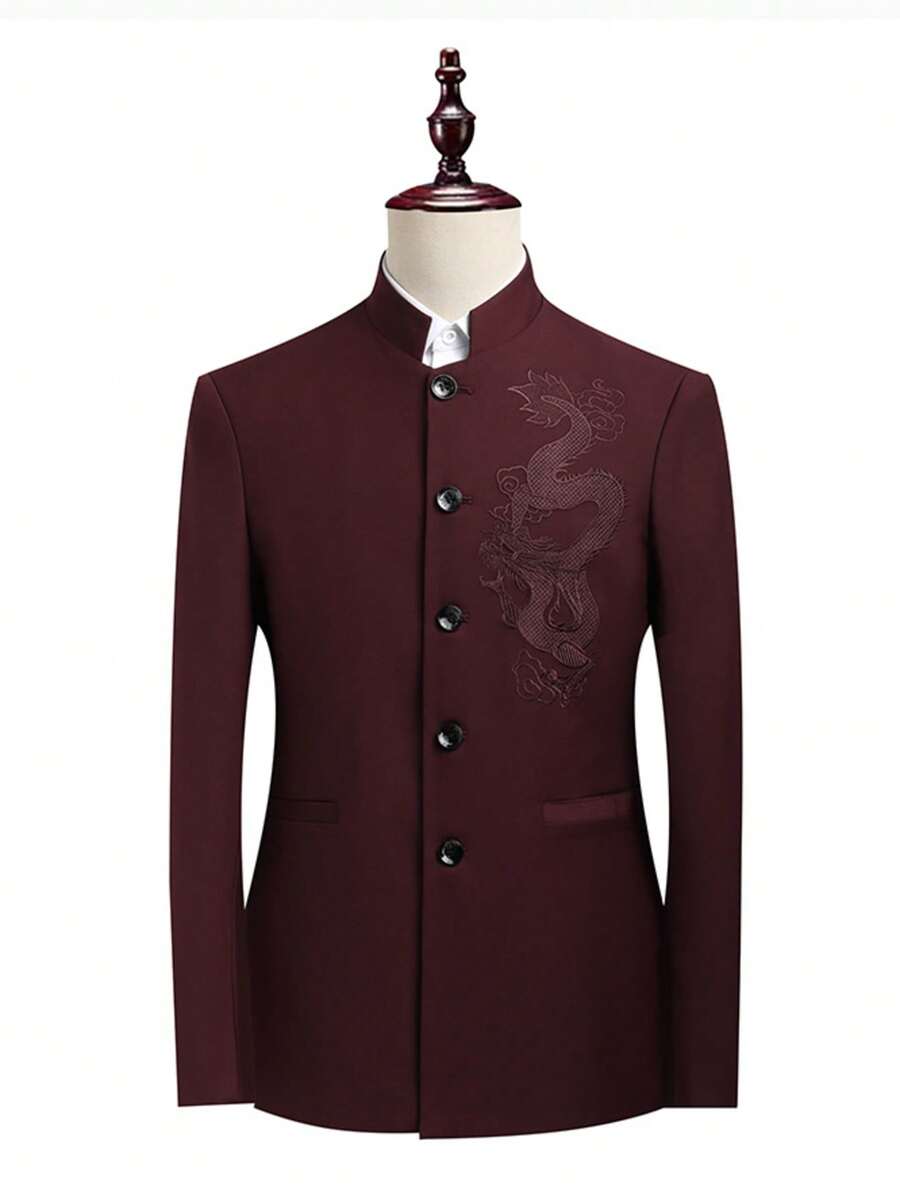 Traje clásico de hombre de botonadura sencilla con apliques de bordado de dragón - Burdeos - Ver 1