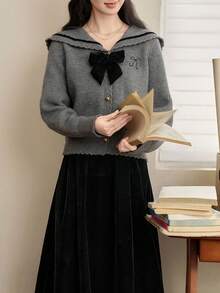Alicedudu Women's Vintage Navy Collar Bow Decor Cardigan, Autumn/Winter - Grey - View 3