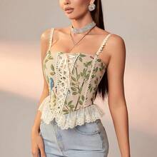 Womens Vintage 1920s Renaissance Lace Trim Corset Bustier, Retro Fashion - Beige - 查看 5