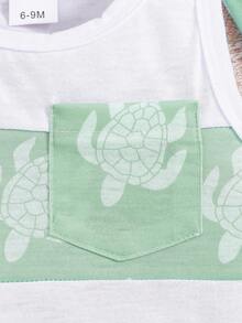 3 件套时尚男婴海龟印花上衣、印花短裤和帽子套装，夏季