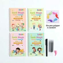 Weihnachtsdekoration 4er Pack Das gerillte Schreibheft für Alter 4-8, wiederverwendbares geriffeltes Schreibheft, magisches Rillenpraktikumskopfbuch, Vorschulrillenkallligraphie-Set mit 5 Nachfüllungen, 1 Stift, 1 Stifthalter