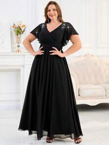 Plus Size Romantic Chiffon V-Neck Beaded Ruffle Sleeve Evening Dress, Black Bridesmaid Dress Suitable For Party, Summer Wedding Guest - Black - View 5