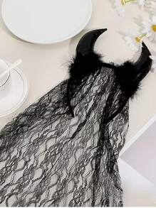 Halloween Netted Devil Headband, Black Horned Headband, Realistic Flower Netted Headband, Halloween Party Costume Headgear