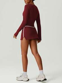 Women's Slim Fit Deep V Neck Thumb Buckle Outdoor Casual Sports Long Sleeve T-Shirt For All Season - Red Violet - View 7