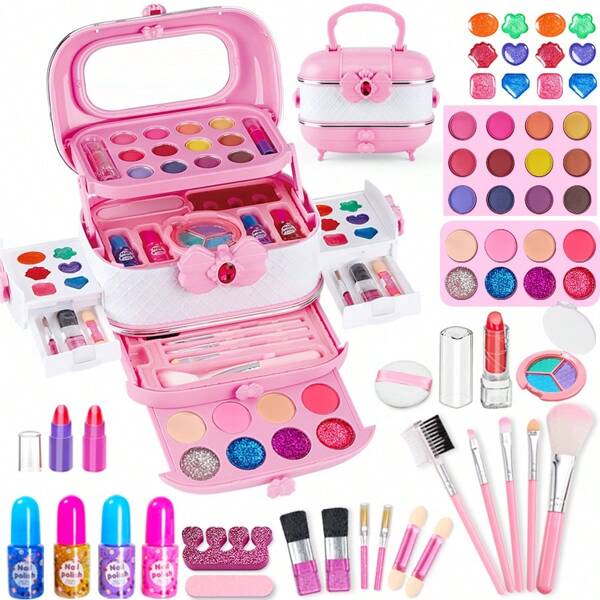 Maquiagem Lavável para Crianças Brinquedos de Menina - Kit de Maquiagem para Crianças, Conjunto de Maquiagem Real, Brinquedo de Presente de Aniversário para Meninas de 4 a 10 Anos, A Posição de Cor dos Acessórios é Aleatória