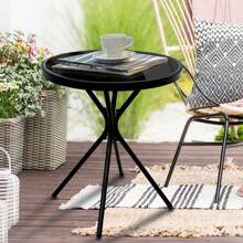 Small Outdoor Patio Side Table, Metal Bistro Table Round With Tempered Glass Tabletop, Compact Coffee Desk, Weather Resistant Portable End Table, Black
