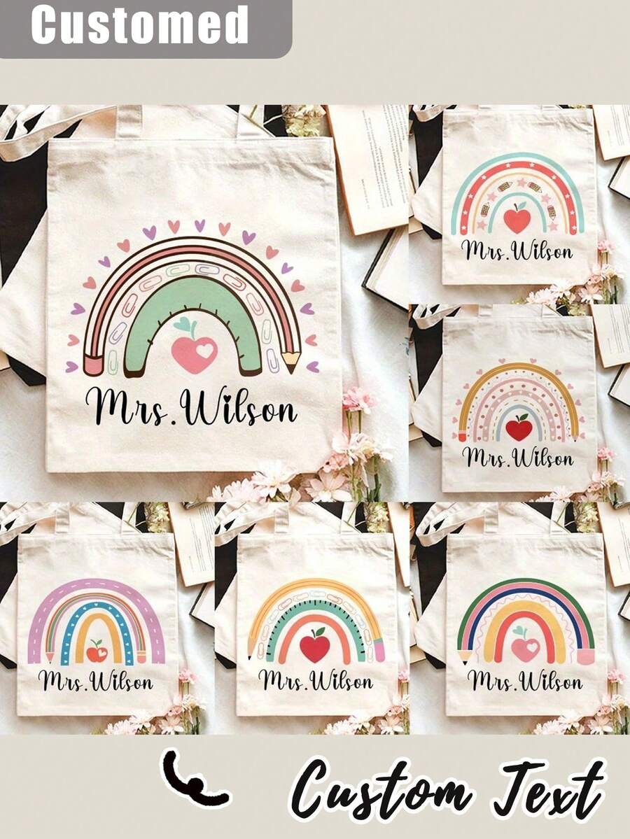 1Pc Custom Teacher Appreciation Tote Bag - Personalized Canvas Beach & Shopping Bag With Monogrammed Name, Personalised Teacher Bag - Custom Rainbow Tote With Floral Design, Large Capacity, Buckle Closure - Ideal Thank You Gift For TA, School Leaver, Or Teaching Assistant, School Bag|Floral Tote Bag - Multicolor - View 1