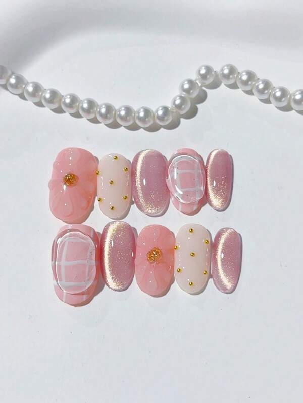 "10pcs Handmade Wearable Nail Set - Cute Simple Cat Eye Checkered Water Drop Design For Women And Girls - Perfect For Daily & Party Use - Includes 2 Tools"